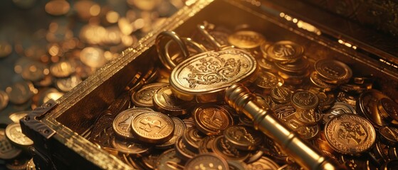 A golden key unlocking a treasure chest filled with stocks bonds - obrazy, fototapety, plakaty
