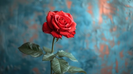   A solitary red rose with verdant leaves against a blue-red wall, bearing a red bloom on its stem