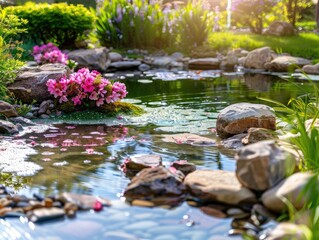 A peaceful garden scene with a natural biofilter pond showcasing eco-friendly air and water purification