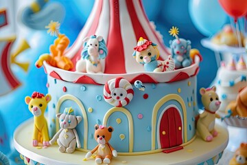 A playful circus tent cake adorned with fondant animals and a big top tent