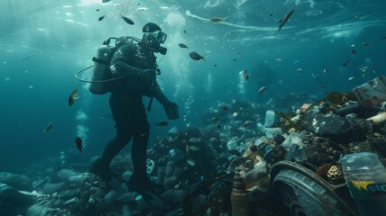 Naklejka na ściany i meble Divers collect garbage under the sea . world ocean day world environment day Virtual image.