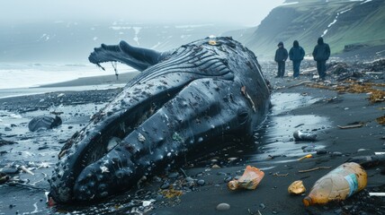A whale stranded on the beach with a ruptured stomach and rubbish in its stomach died. world ocean day world environment day Virtual image. - obrazy, fototapety, plakaty