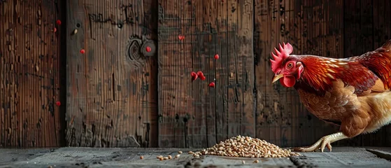 Foto op Plexiglas A rustic scene of a chicken pecking at grains scattered on a wooden barn floor © AI Farm