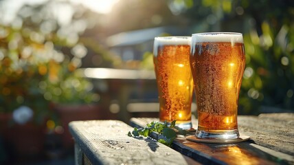 Two pints of golden ale celebrating outdoor relaxation