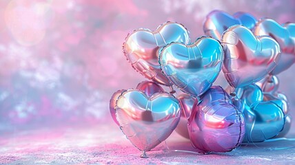 Heart-shaped metallic balloons bunched on a pastel surface