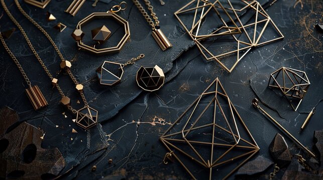 A set of geometric jewelry elegantly designed with minimalist shapes and precious stones