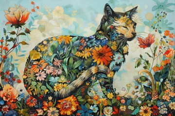 A whimsical depiction of a cat made up of colorful floral and botanical motifs