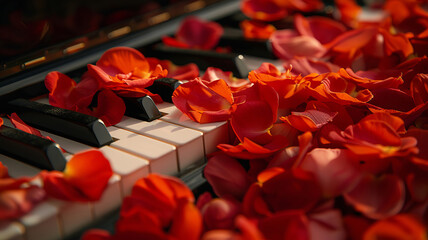 Intimate concert of petals and piano keys in a lush botanical composition