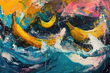 An abstract painting where bananas are reimagined as boats floating on a tumultuous colorful sea