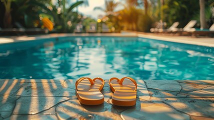 Holiday atmosphere at a swimming pool with cheerful orange sandals waiting nearby