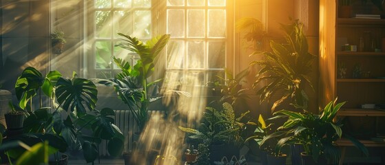 An array of air purifying plants in a sunlit room creating an indoor oasis