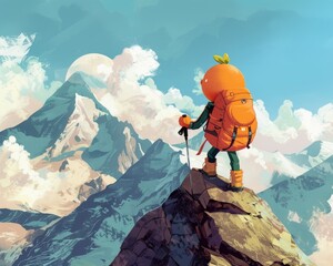 An apricot character hiking up a mountain showcasing the spirit of exploration - obrazy, fototapety, plakaty
