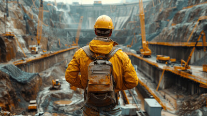 Construction worker at dam construction site,generative ai