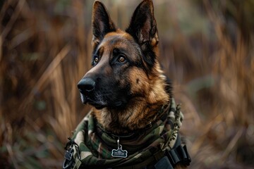 A German Shepherd in military attire with a camouflage bandana and dog tags - obrazy, fototapety, plakaty