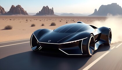 Fototapeta na wymiar black futuristic electric car on highway in desert. Very fast driving. Concept of future. Realistic 4k