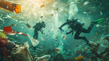 Naklejka na ściany i meble Divers collect garbage under the sea . world ocean day world environment day Virtual image.