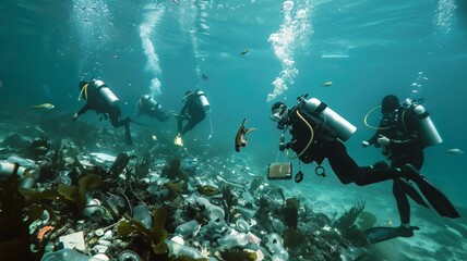 Fototapeta na wymiar Divers collect garbage under the sea . world ocean day world environment day Virtual image.