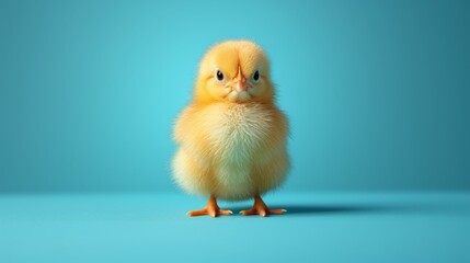   A small yellow chicken sits atop a blue floor, near a blue wall, with a sad expression