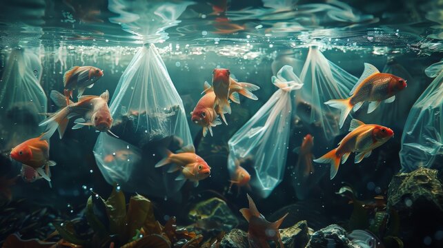 Garbage bags shaped like fish in the sea. world ocean day world environment day Virtual image.