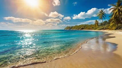Closeup sea sand beach. Panoramic beach landscape. Inspire tropical beach seascape horizon. golden sunset with blue sky, calmness tranquil relaxing sunlight summer mood. Vacation travel holiday banner - Powered by Adobe