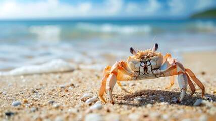 A crab on the beach behind the sandy beach on a clear day. world ocean day world environment day .Virtual image. - obrazy, fototapety, plakaty