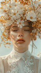 a woman, the background is white, hyperrealistic scene, flowers in gold,generative ai