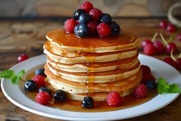   A stack of pancakes on a white, syrup-covered plate topped with raspberries and blueberries