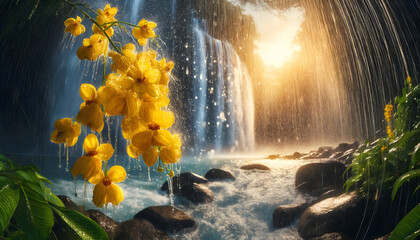Cassia fistula (golden shower tree) during a rain shower near a waterfall, showcasing perfect water drops and splashes highlighted by studio lighting that creates a bokeh effect in the background - obrazy, fototapety, plakaty