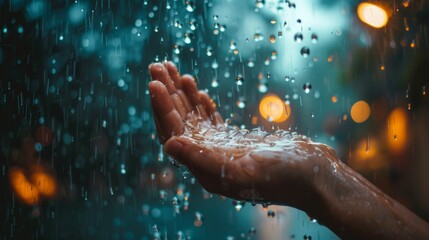 Water pouring and splash in woman hand on nature background, earth day, environment issues
 - obrazy, fototapety, plakaty