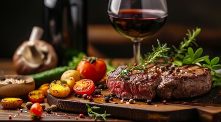   A steak on a cutting board, nearby is a glass of wine and separate vegetable cutting board