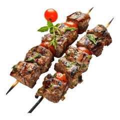 Grilled meat skewers isolated on transparent background