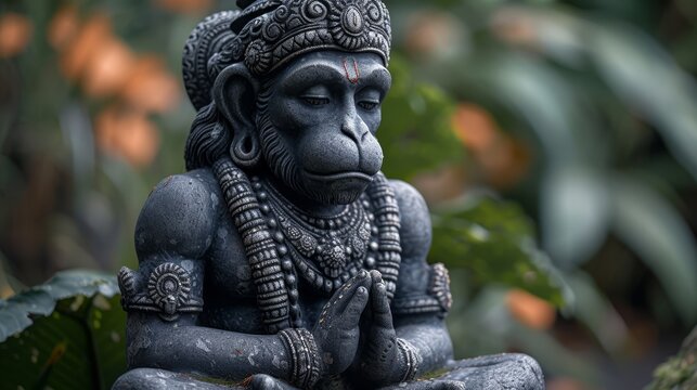   A monkey statue sits atop a lush, verdant forest, surrounded by numerous leafy green plants