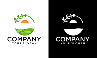 Nature Farm logo design with sun, leaf and water