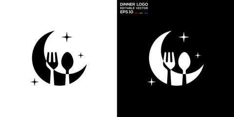 Vector design template of spoon and fork combined with moon logo, dinner, restaurant, icon symbol EPS 10 - obrazy, fototapety, plakaty