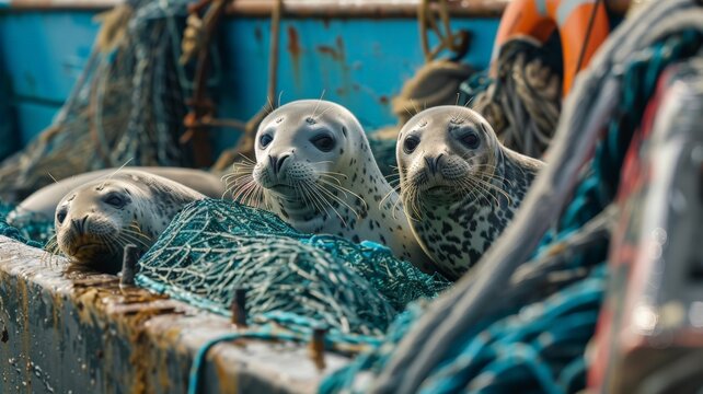 Seals caught in fishing nets on boats world ocean day world environment day Virtual image