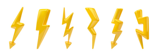 Lightning bolt. Thunder flash logo, isolated yellow cartoon render glossy elements for decor, thunderbolt like electric storm light icon, instant strike symbol. Voltage vector illustration