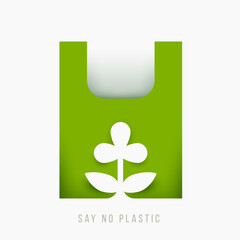 Silhouette of plastic or cellophane bag with plant. Creative 3d paper cut style. Save planet composition. Modern ecology concept art. Abstract minimal vector illustration.