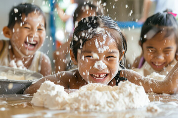 Children engaging in playful activities with flour, filling the kitchen with joy and energy