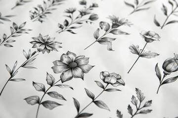 Set of hand-drawn black and white flowers with decorative branches isolated on white background
