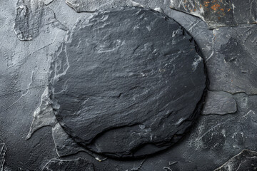 a round black slate  on white background, top view. 
