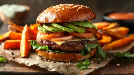 Juicy gourmet cheeseburger with fresh avocado and tomato slices, served with a side of crispy sweet potato fries.