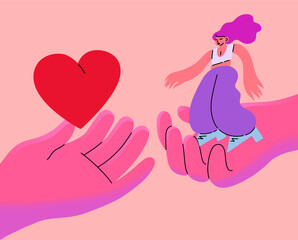 Help hand. Share and donate. Love heart on human palm. Woman empathy and charity compassion. Friends social support. Arms giving hope to girl. Generosity and assistance. Vector concept