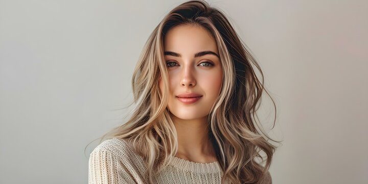 A woman with balayage highlights showcasing her hair styling technique promoting diversity in beauty. Concept Beauty Diversity, Balayage Highlights, Hair Styling Technique, Woman Model