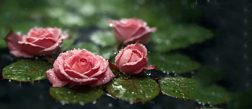 Rain drops oPink roses in dew drops on green background      
n the glass with pink flower bouquet.   generative by ai...            