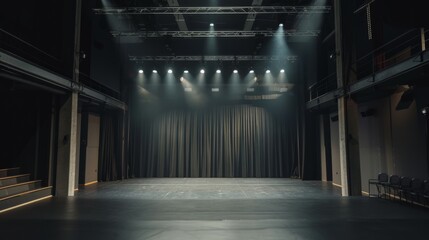 empty stage of a small blackbox theater