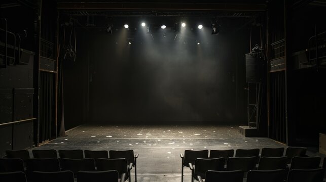 empty stage of a small blackbox theater