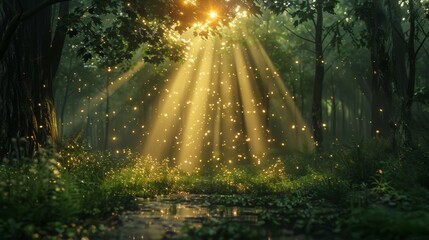 Forest, after rain, sunrise, sunlight shining from the top of the trees in the forest