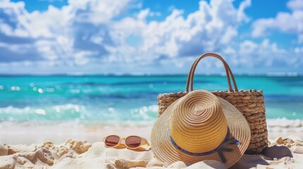 Straw hat, bag and sun glasses on a tropical beach