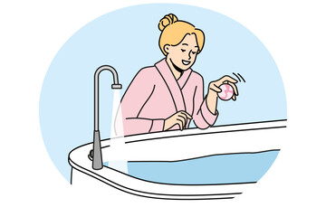 Happy woman in bathrobe throw bath bomb to bathtub. Smiling girl enjoy warm bath at home. Hygiene and beauty procedures. Vector illustration. - obrazy, fototapety, plakaty