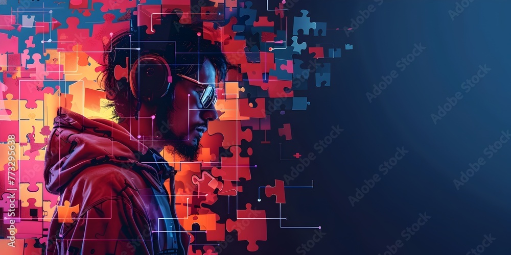 Poster hacker unraveling digital puzzles to solve the secretive code in the cyber space with copy space